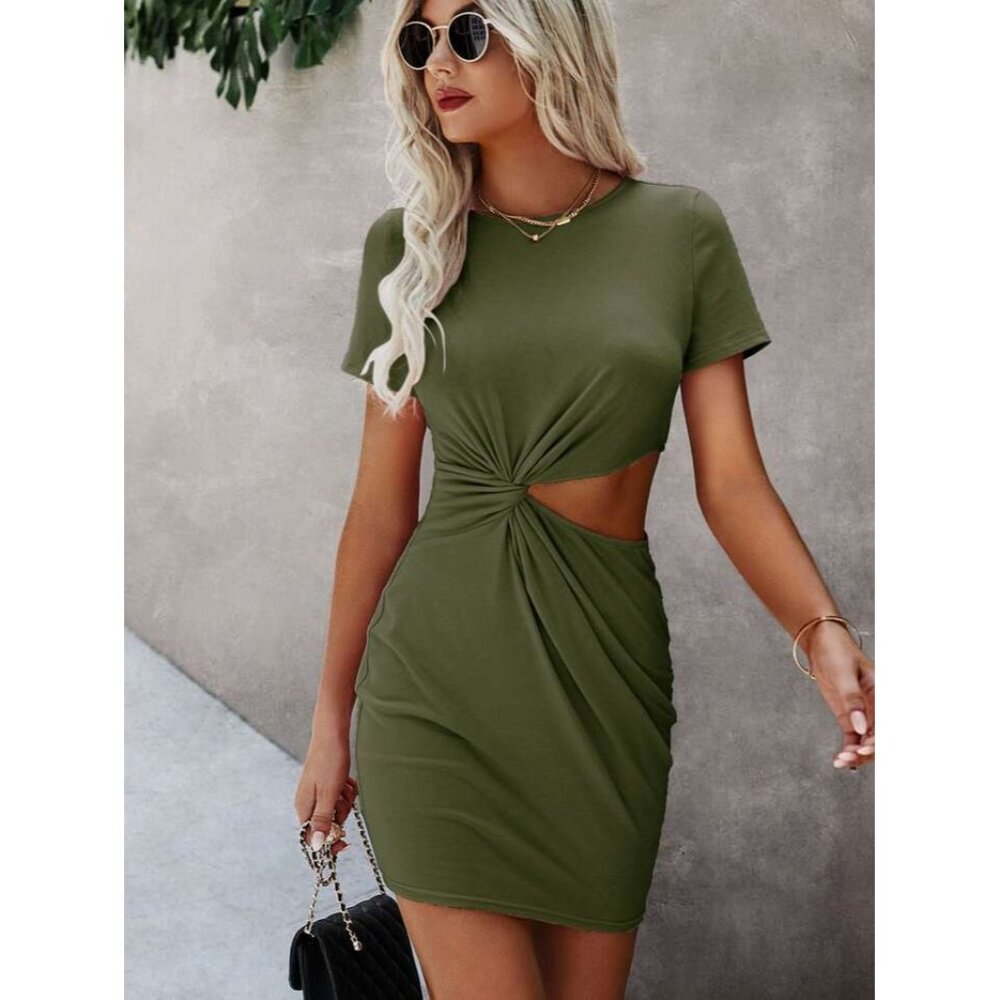 Green Short-Sleeve Bodycon Dress With Front Twist Size S